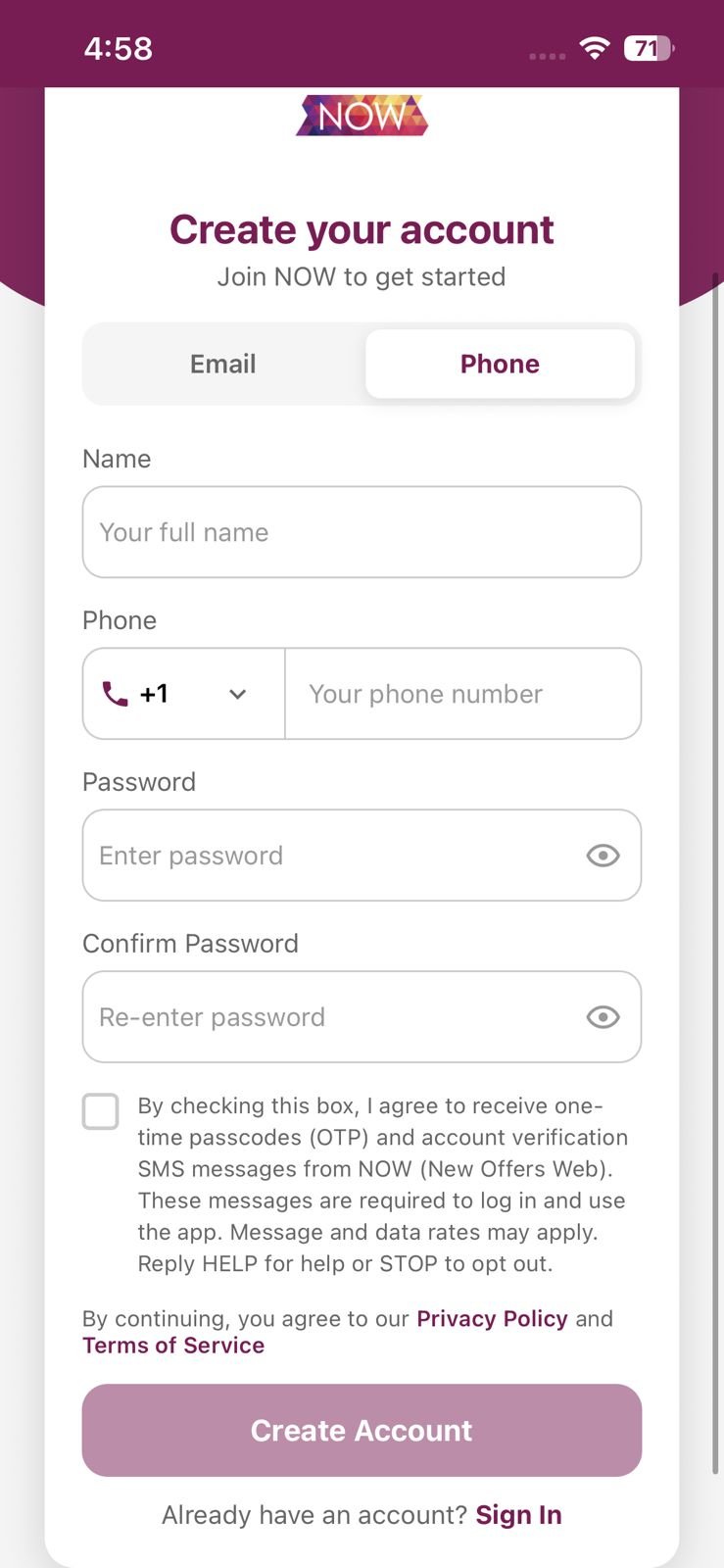 NOW registration screen